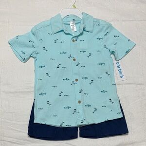 NWT Carter's 2pc Aqua Shark Print Button Down Shirt and Navy Shorts Set